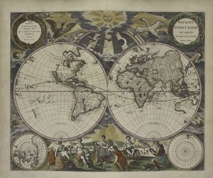 Dupla félgömbös világtérkép Goos tengeri atlaszából, 1672 (kézzel színezett metszet)